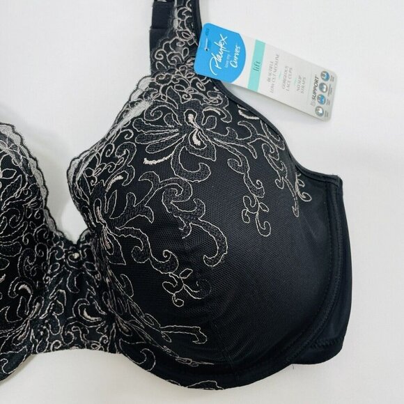 Playtex Lift Support Bra Size 38DD Black Full Coverage Low Cut Lace Embroidery - Picture 6 of 12